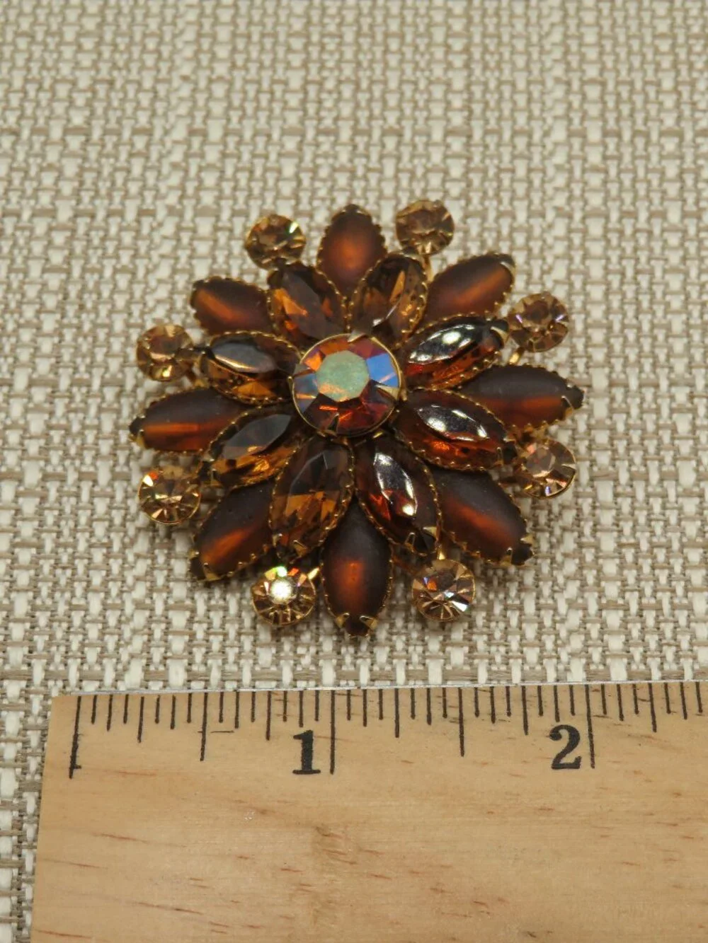 Vintage Judy Lee Amber Brown Rhinestone Floral Brooch